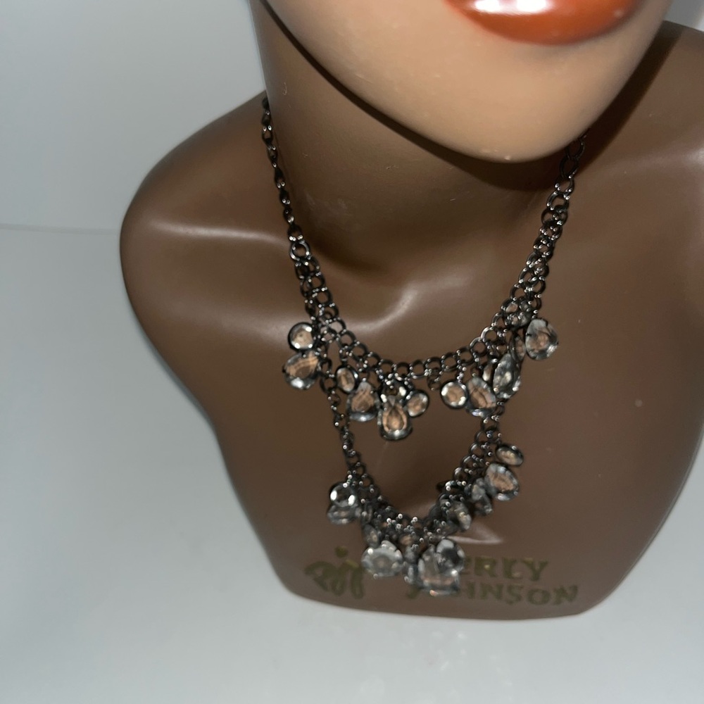 Silver Tone Chain Link Necklace Double Strand with Heavy Crystals